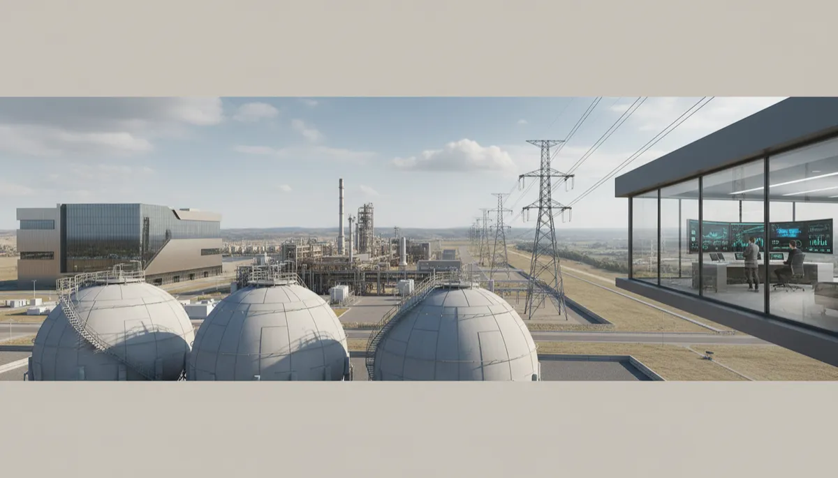 Professional scene showing LNG storage near a data center and industrial facility