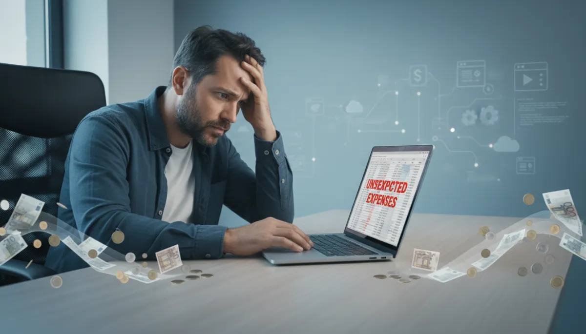 A photorealistic, high-resolution image depicting a small business office environment with a worried entrepreneur at their desk, looking at a laptop screen showing unexpected expenses. In the foreground, euro banknotes and coins are subtly flowing away from the desk, symbolizing hidden software costs. The background includes software icons and faint digital code overlays, hinting at unseen or hidden expenses. The setting is bright but with a slight cool tone, maintaining a professional and modern aesthetic appropriate for a business blog targeting small and medium-sized enterprises (KMU). A photorealistic, high-resolution image depicting a small business office environment with a worried entrepreneur at their desk, looking at a laptop screen showing unexpected expenses. In the foreground, euro banknotes and coins are subtly flowing away from the desk, symbolizing hidden software costs. The background includes software icons and faint digital code overlays, hinting at unseen or hidden expenses. The setting is bright but with a slight cool tone, maintaining a professional and modern aesthetic appropriate for a business blog targeting small and medium-sized enterprises (KMU).