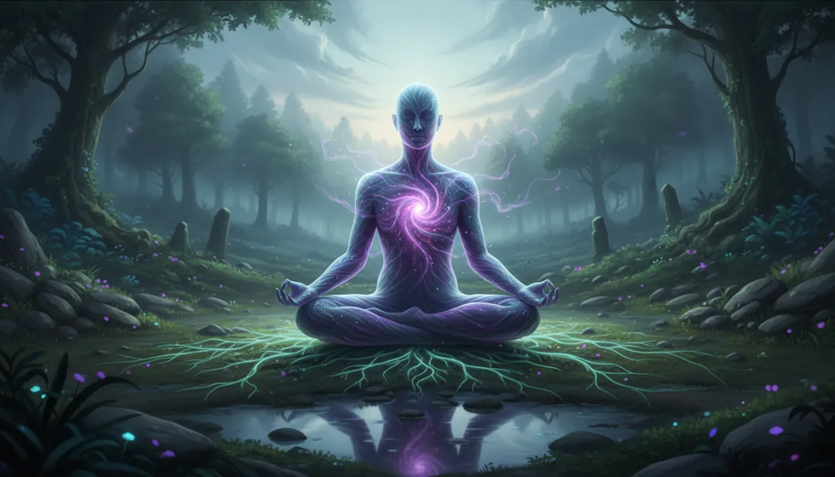 Photorealistic cool-shadows scene of a developer pausing to practice mindfulness at their desk Photorealistic cool-shadows scene of a developer pausing to practice mindfulness at their desk