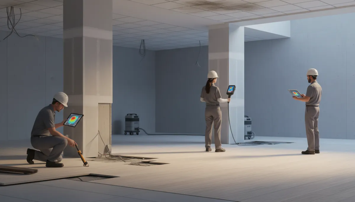 Restoration team documenting commercial water damage with modern tools