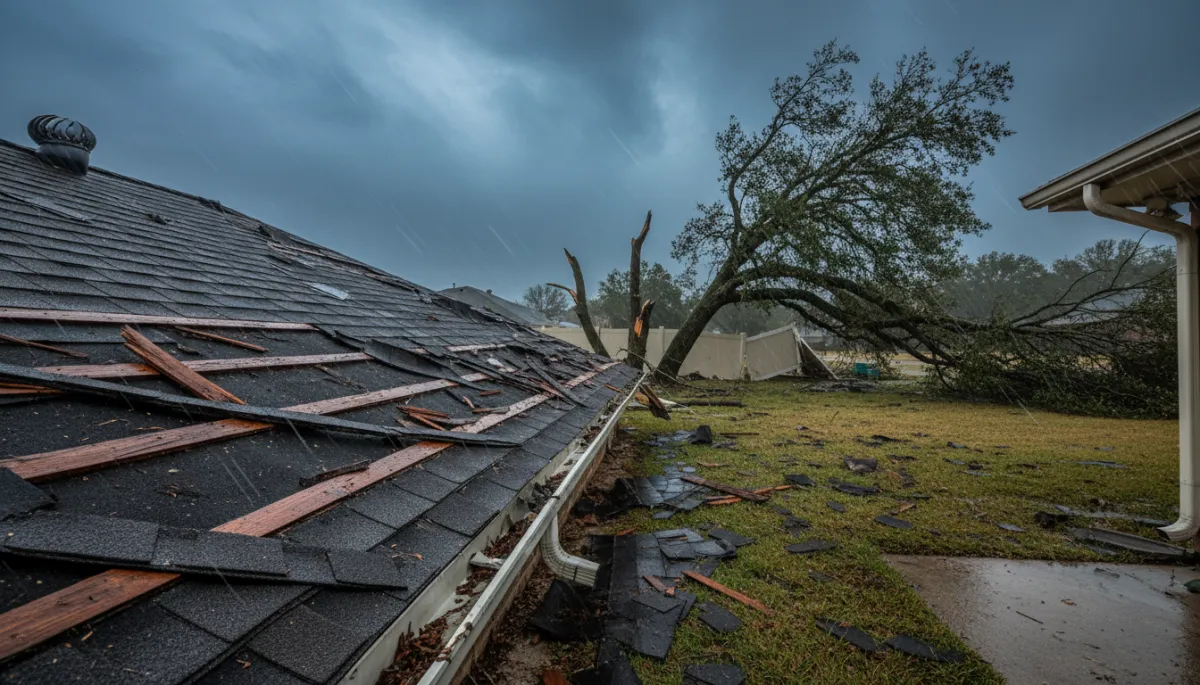 Close-up of roof shingles and flashing showing subtle wind damage