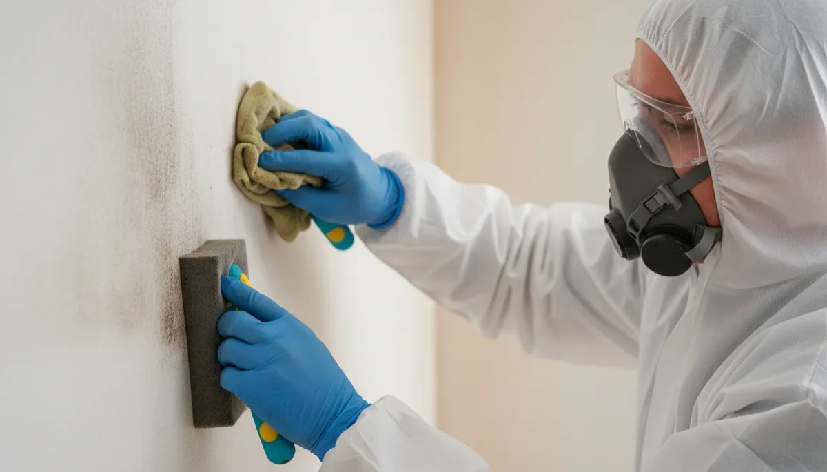professional neutral-toned photorealistic close-up of a restoration technician in protective gear carefully wiping soot from a white interior wall with specialized cleaning tools professional neutral-toned photorealistic close-up of a restoration technician in protective gear carefully wiping soot from a white interior wall with specialized cleaning tools