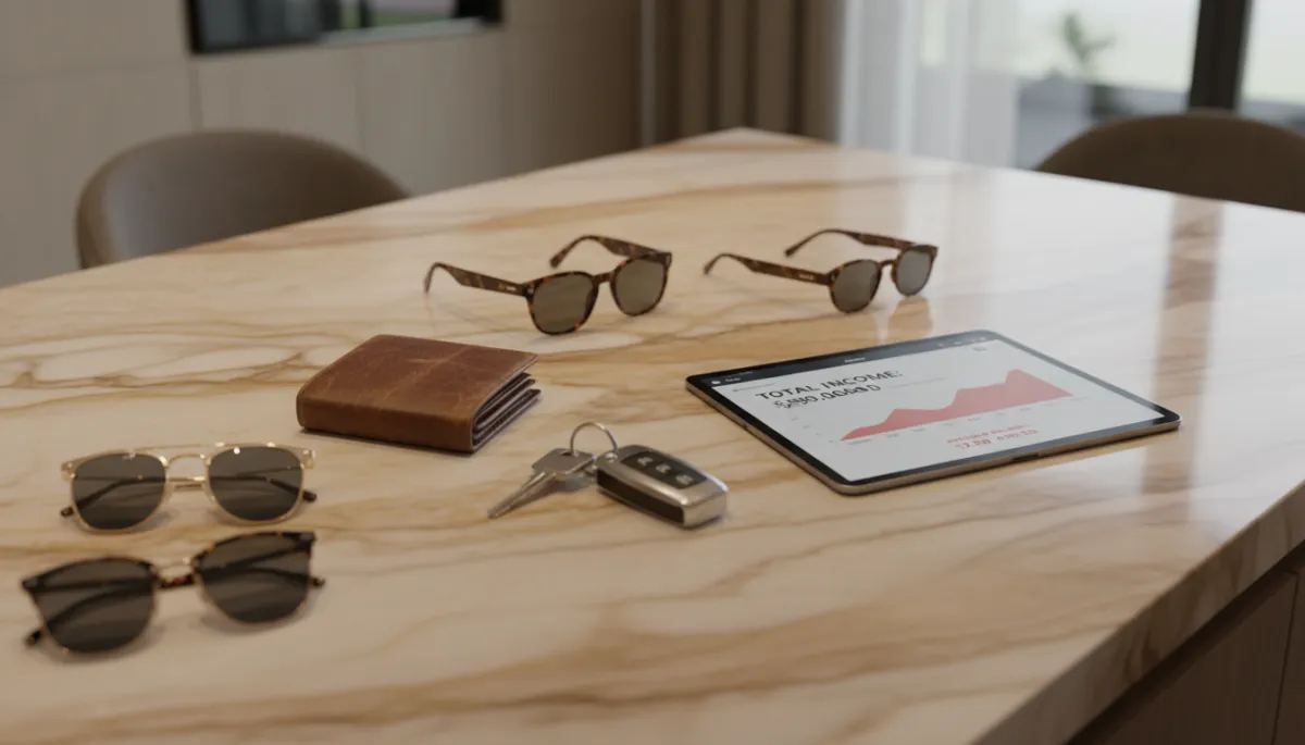 Luxury accessories on a marble counter beside a bank app with low balance