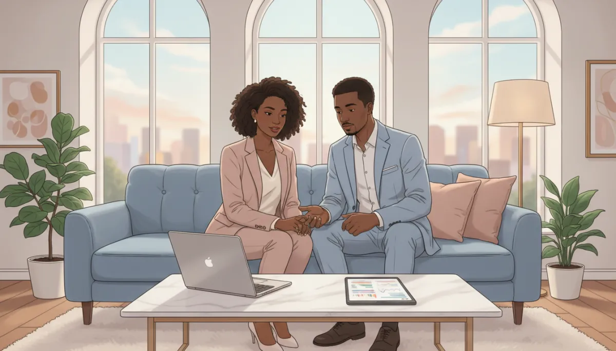 A photorealistic, soft pastel scene of an African American couple in an elegant living room, reviewing finances together on a sleek laptop and tablet. The setting features soft natural light, muted blush and powder blue tones, and a city skyline through large windows. The couple should appear sophisticated and professional. A photorealistic, soft pastel scene of an African American couple in an elegant living room, reviewing finances together on a sleek laptop and tablet. The setting features soft natural light, muted blush and powder blue tones, and a city skyline through large windows. The couple should appear sophisticated and professional.