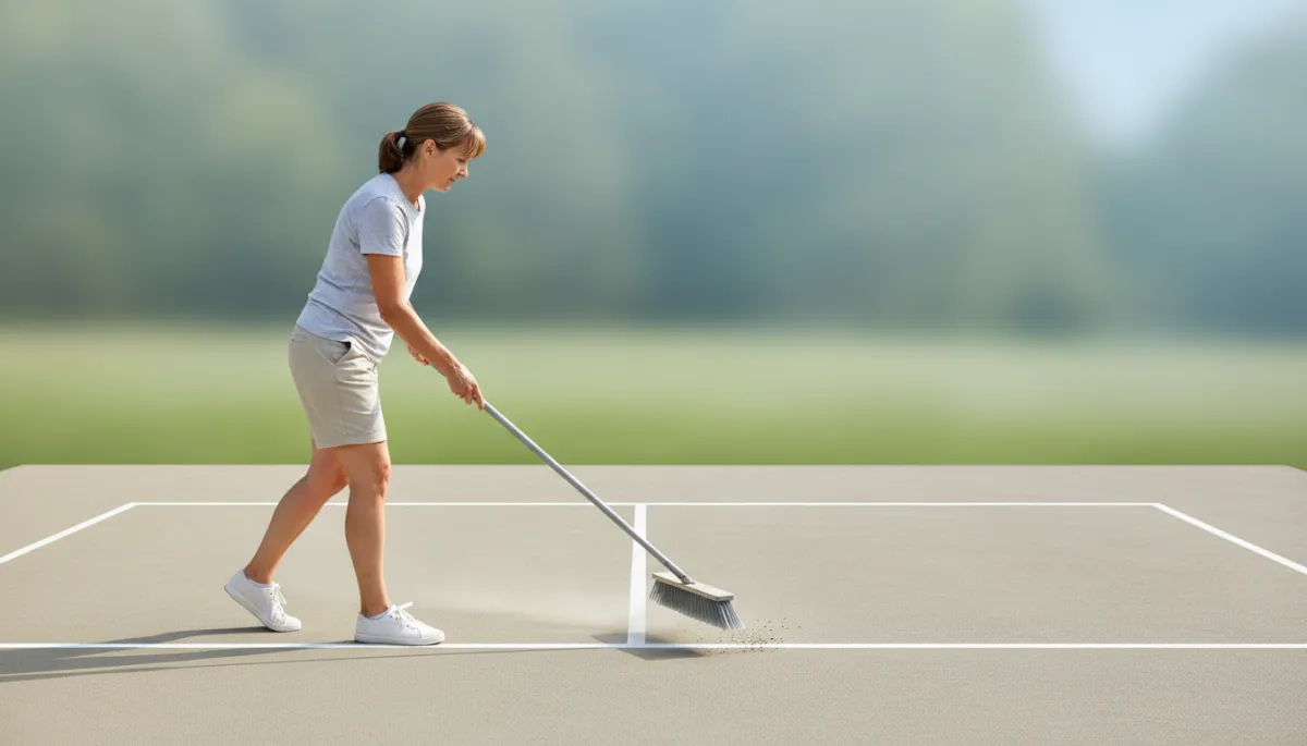 Homeowner sweeping debris from a coated outdoor pickleball court Homeowner sweeping debris from a coated outdoor pickleball court