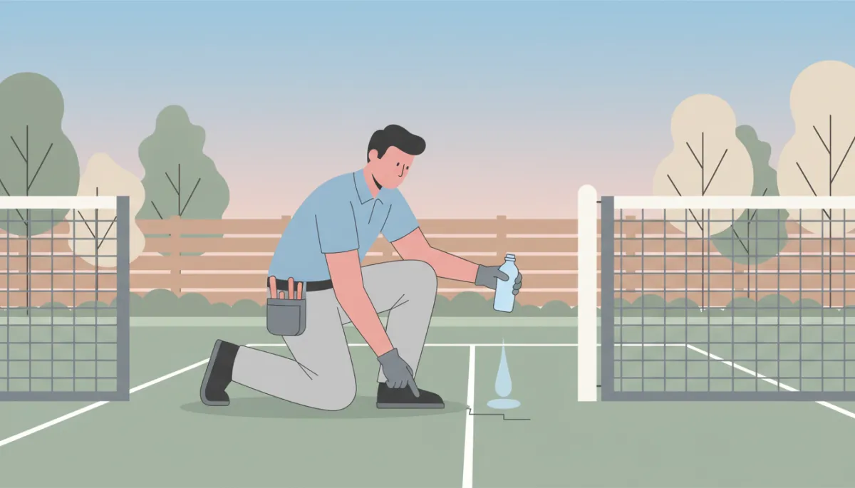 Maintenance professional inspecting a pickleball court surface for damage and drainage issues Maintenance professional inspecting a pickleball court surface for damage and drainage issues