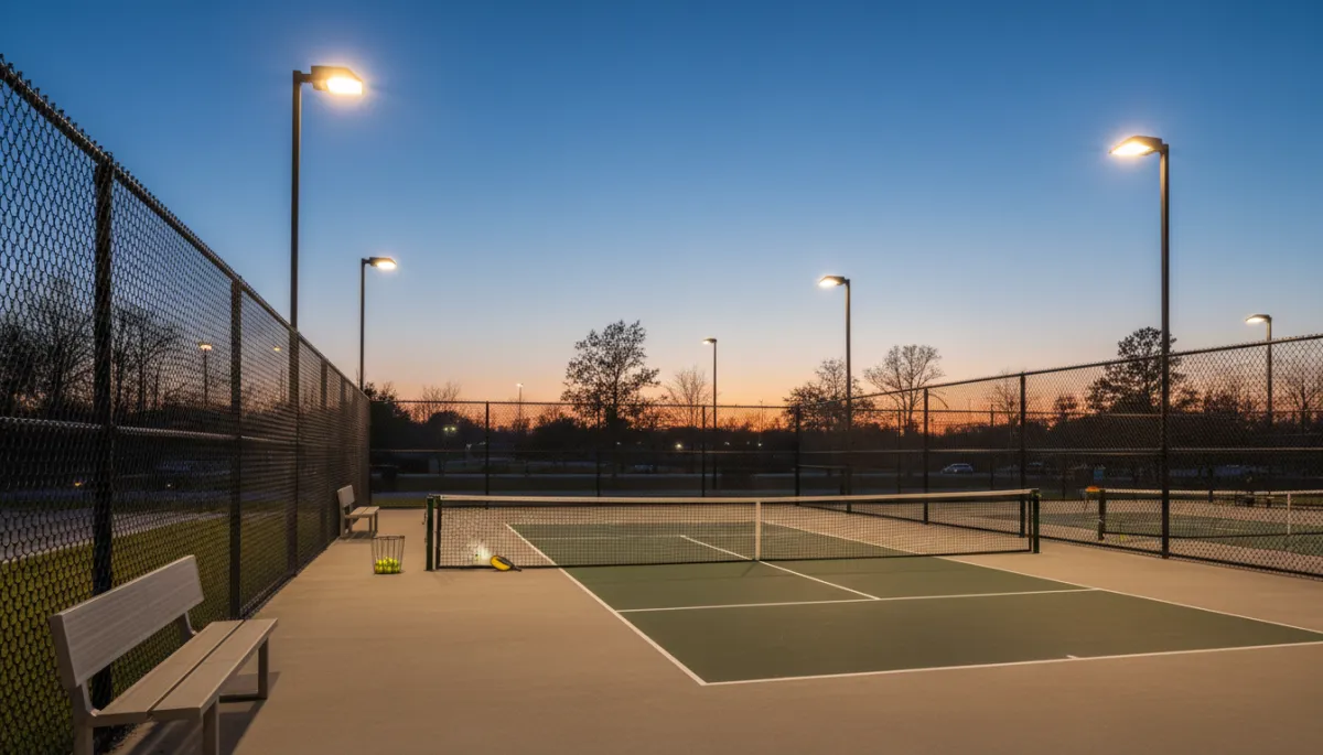 Outdoor pickleball court in North Carolina illuminated with LED lights Outdoor pickleball court in North Carolina illuminated with LED lights