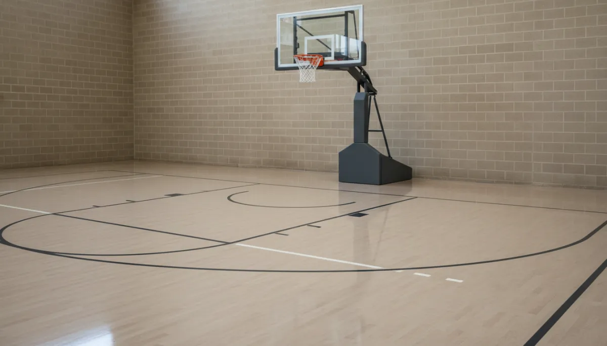 Detail of a professionally surfaced indoor basketball court with crisp lines Detail of a professionally surfaced indoor basketball court with crisp lines