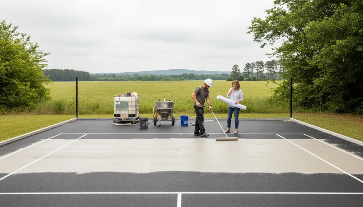Contractor applying sport coating to an outdoor pickleball court in NC East Contractor applying sport coating to an outdoor pickleball court in NC East