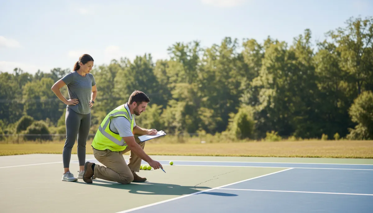 Contractor and homeowner reviewing the condition of a residential pickleball court Contractor and homeowner reviewing the condition of a residential pickleball court