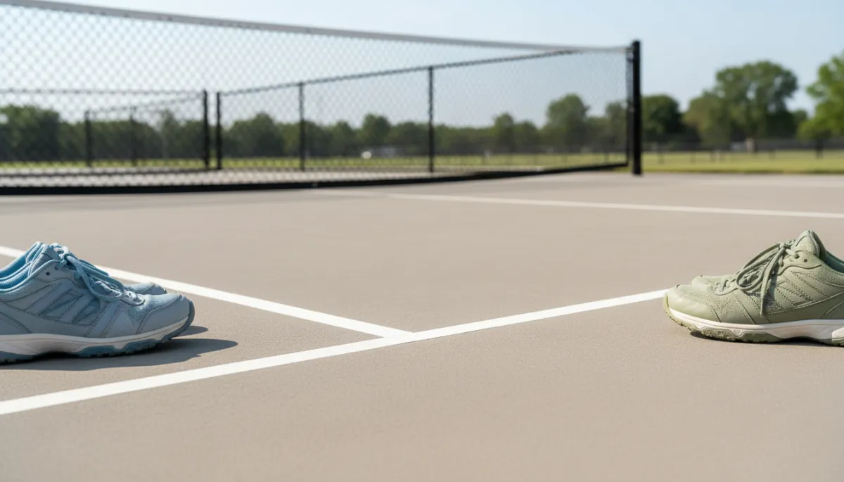 Close-up of a smooth commercial pickleball court surface with clear lines