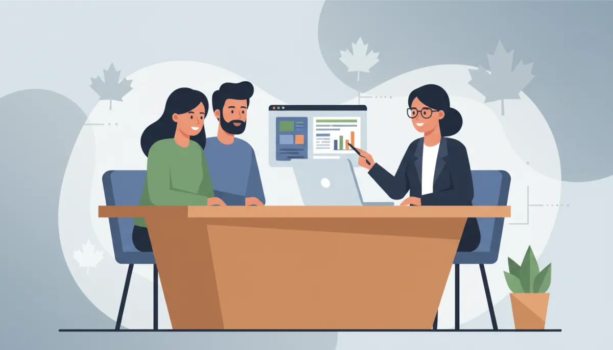 Young immigrant couple in Canada reviewing life insurance options with a professional advisor Young immigrant couple in Canada reviewing life insurance options with a professional advisor