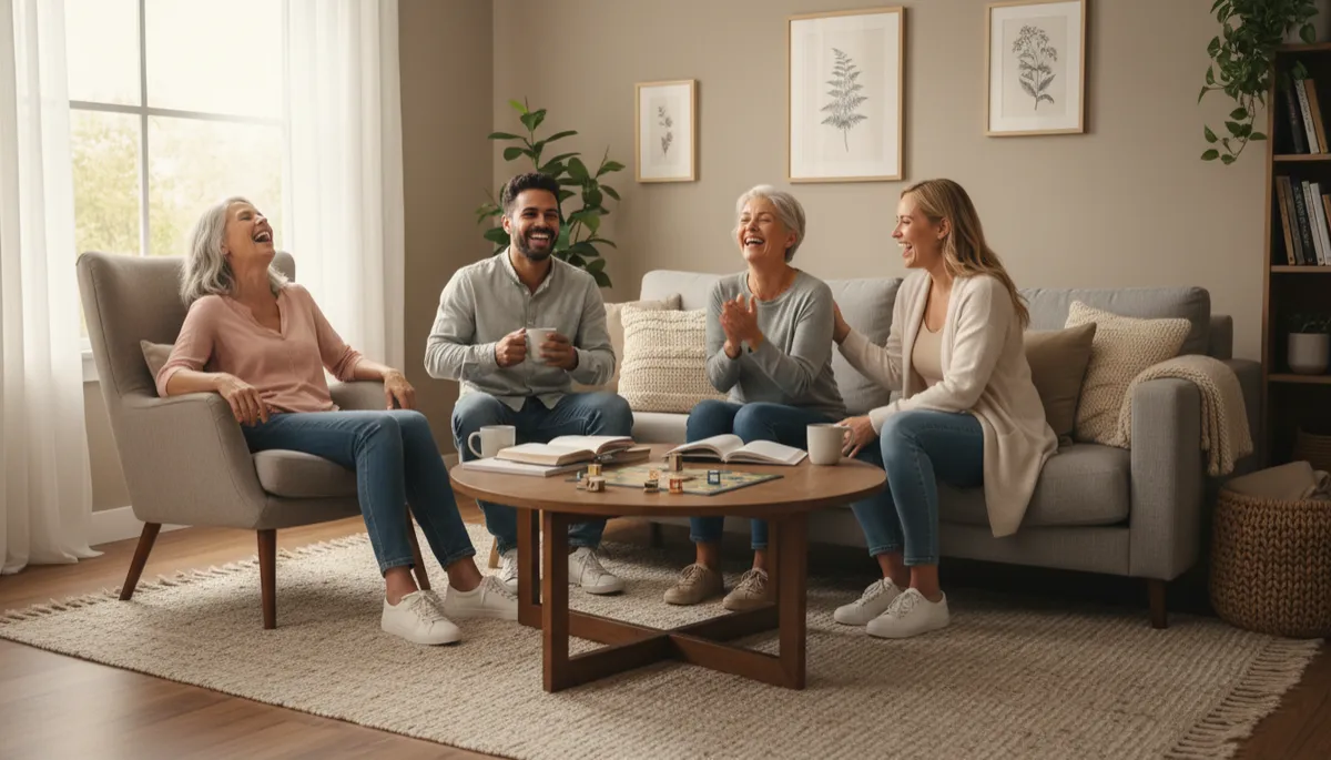 Caring group home environment with staff and residents interacting in a living room