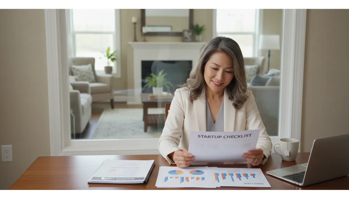 photorealistic scene of a professional group home business owner sitting at a tidy desk, reviewing a printed startup checklist, budget spreadsheet, and business plan documents, with a warm, well-kept residential group home visible through a nearby window in the background, neutral color palette, natural daylight