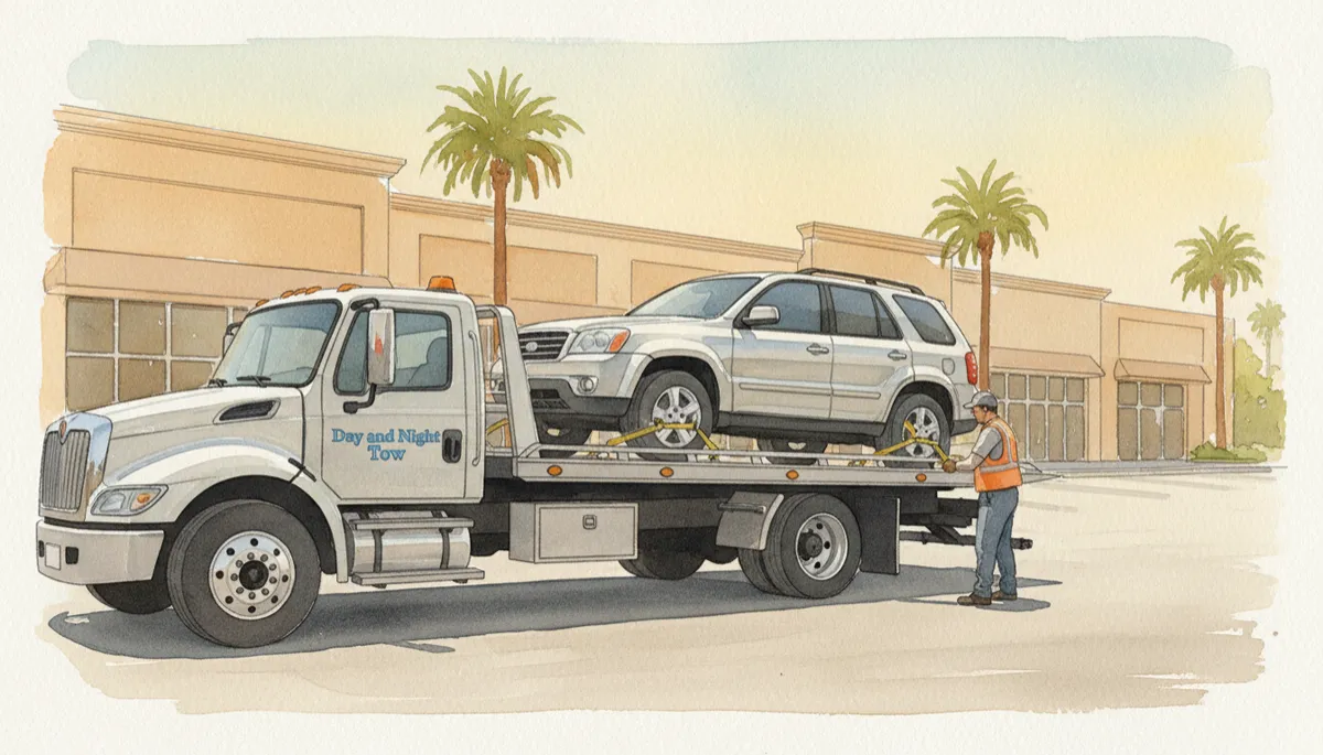 Flatbed tow truck safely loading an SUV in a Northridge parking lot