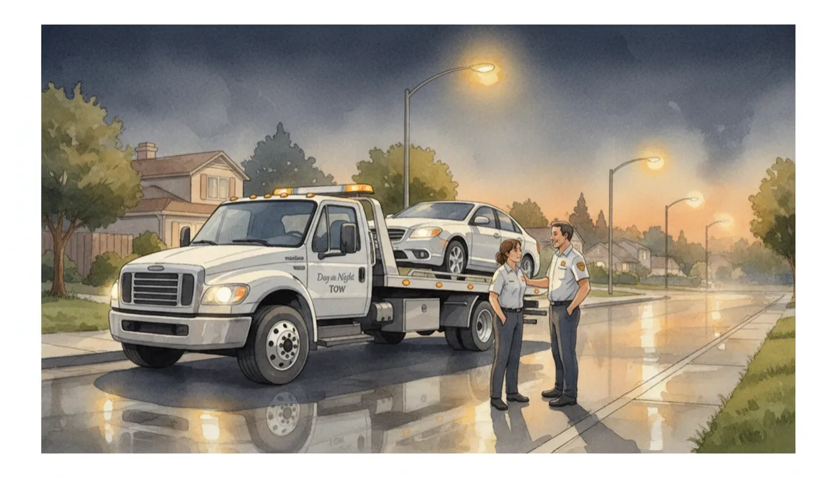 professional neutral-tone night-time scene of a modern flatbed tow truck assisting a stranded car on a Northridge street, soft streetlights, uniformed driver speaking calmly with relieved driver, subtle Day and Night Tow branding on truck door