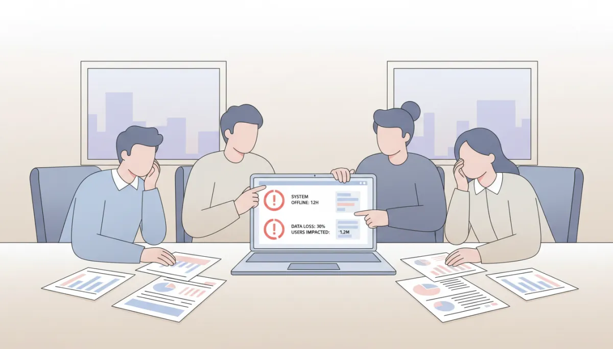 Agency leadership team reviewing reports after system downtime