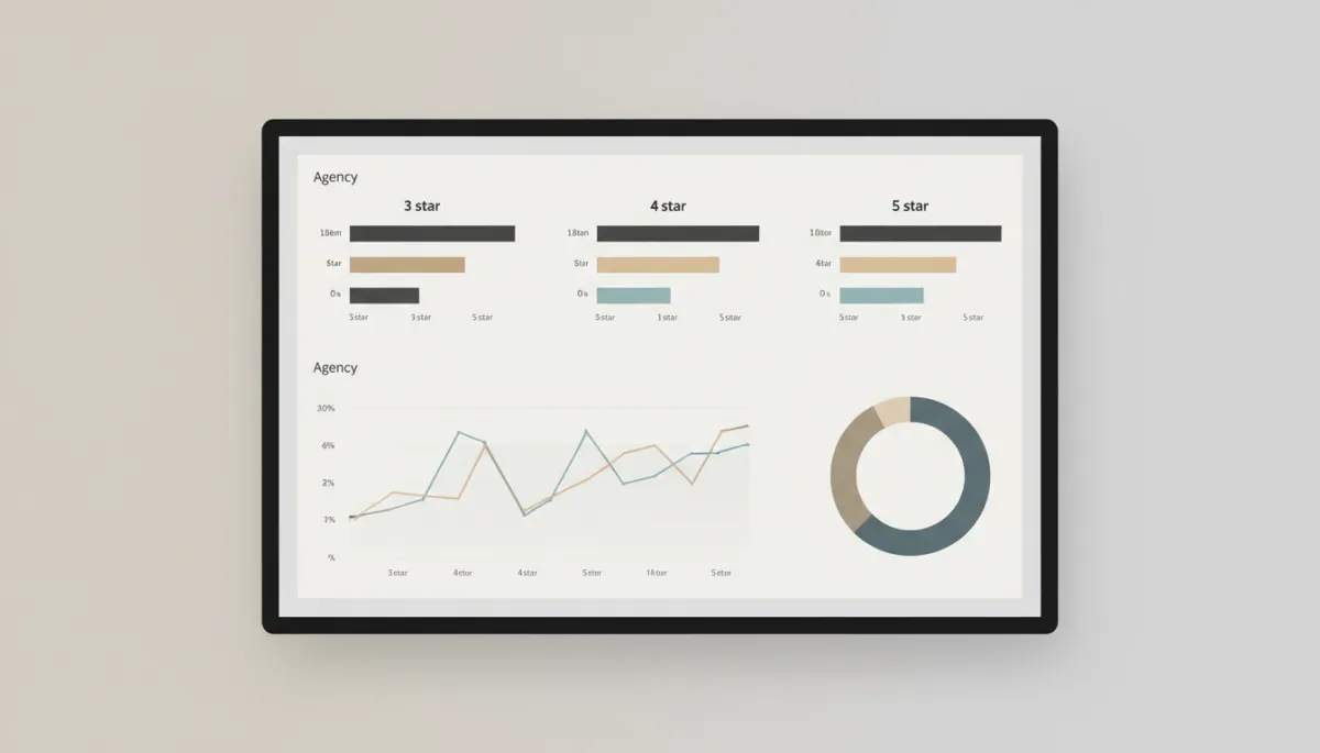 Analytics dashboard showing comparison of 3-star, 4-star, and 5-star reviews for an agency