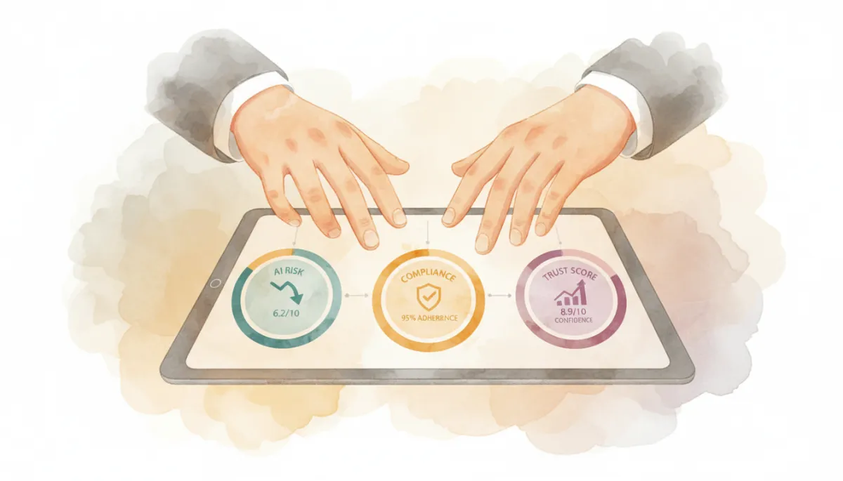 Business leader reviewing AI risk and trust dashboards on a tablet