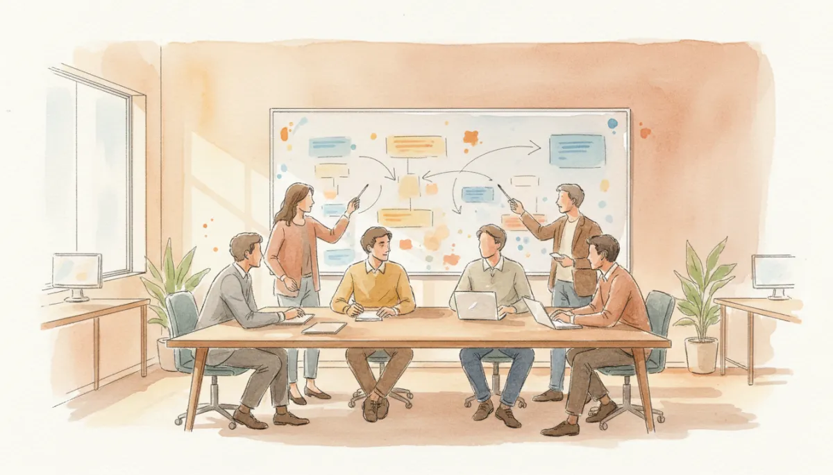 Agency team collaborating around a table with clearly mapped workflows on the wall