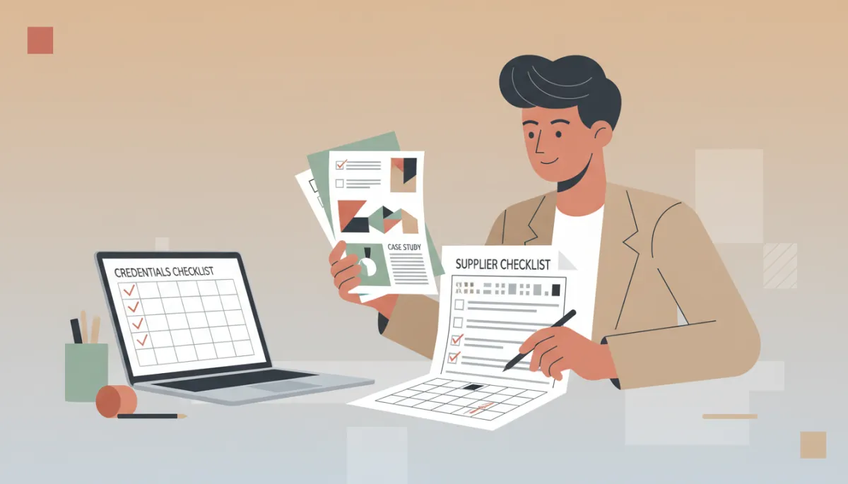 Marketing director reviewing a detailed checklist of supplier credentials in a neutral office setting
