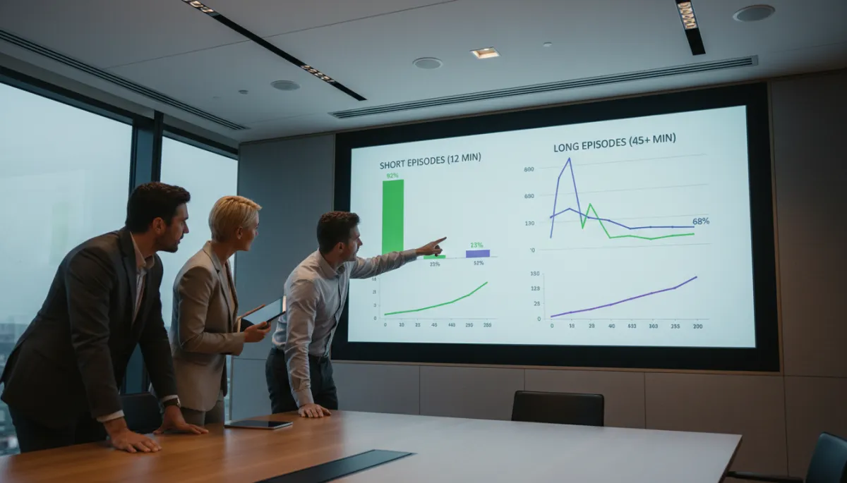 Marketing team reviewing podcast analytics comparing episode lengths Marketing team reviewing podcast analytics comparing episode lengths