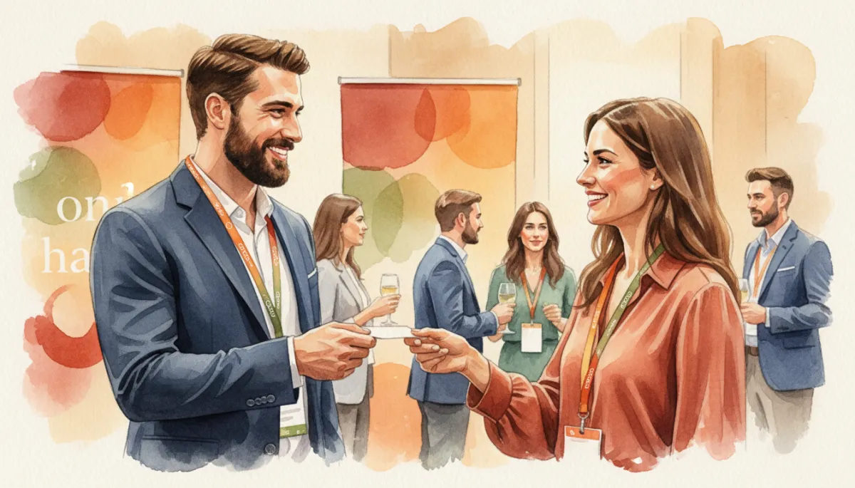 Professionals exchanging business cards at a small business networking event