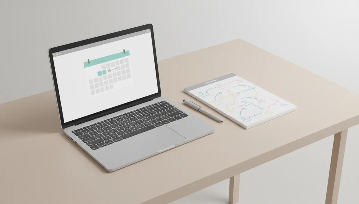 Laptop calendar showing a recurring 15-minute networking block next to handwritten connection notes