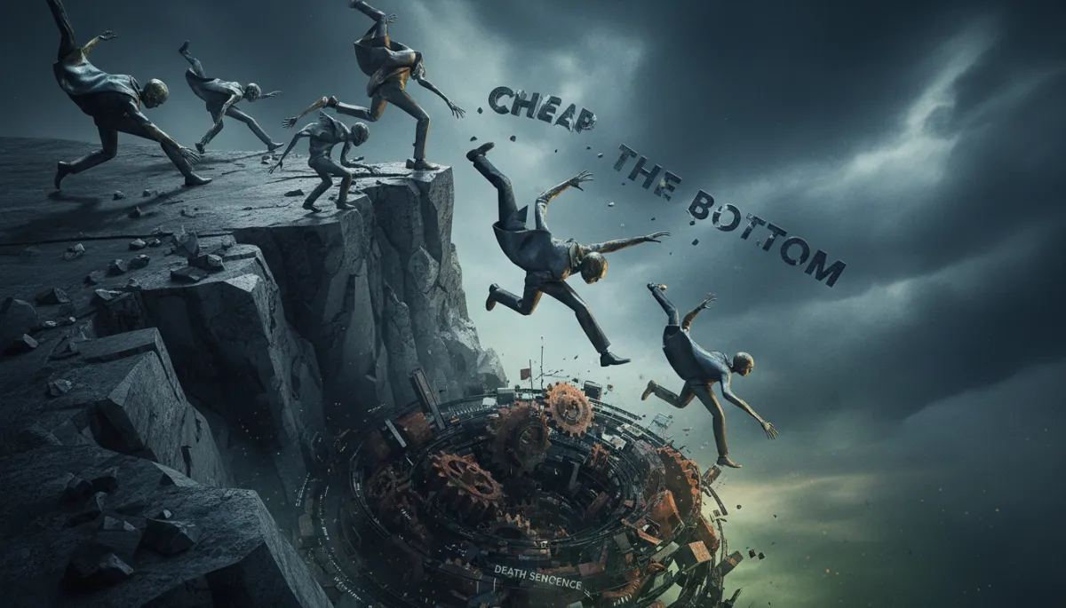 crate two images. one header for the blog and one in text. Context: This is for a blog post about "Race To The Bottom: Why "Cheap" is a Death Sentence for Your Business". Style: Professional quality, photorealistic, high resolution