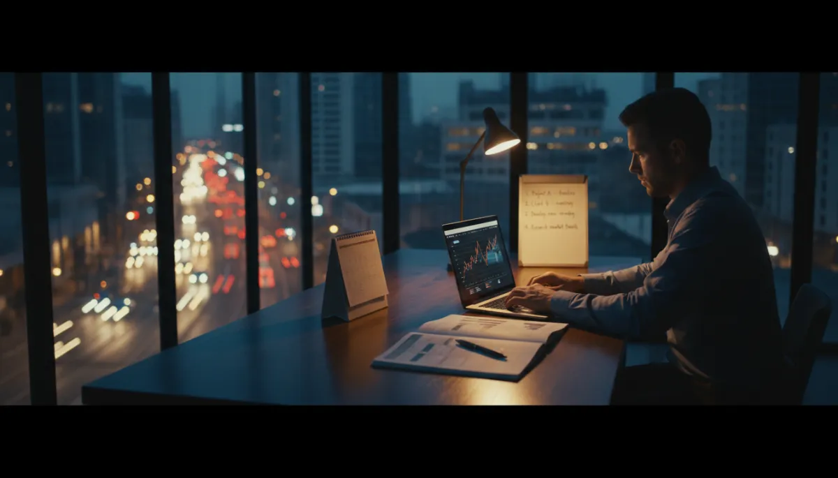 photorealistic scene of a focused entrepreneur at a structured, minimalist workspace with a neatly organized notebook, calendar, and laptop on a dark wooden desk; on one side, blurred motion of busy city lights through a window symbolizing chaotic hustle, on the other side, calm warm desk light illuminating a clear to-do list; dramatic lighting, cinematic style