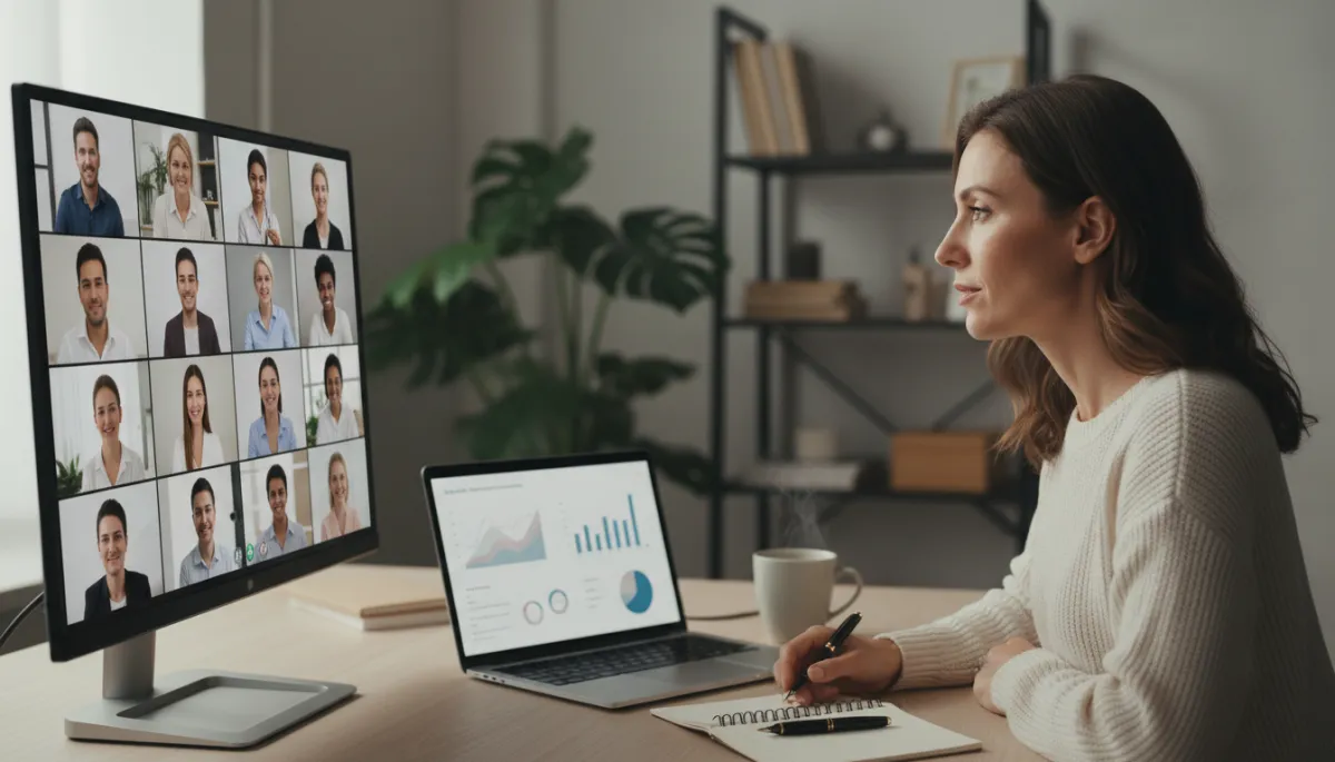 photorealistic modern remote work setup with a founder on a video call leading a virtual team meeting, multiple team members visible on a large screen, organized home office desk with laptop, notebook, and soft neutral tones, dramatic cinematic side lighting, shallow depth of field