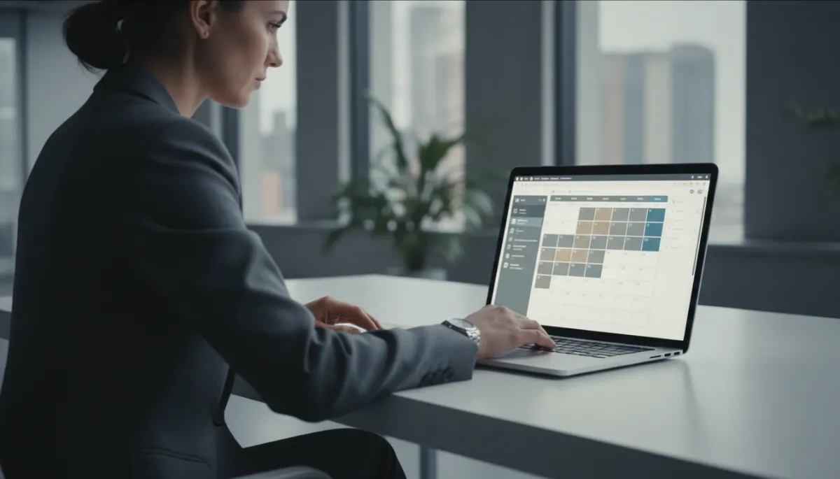 photorealistic focused CEO at a clean desk reviewing a structured digital calendar on a large laptop screen, neutral color palette, dramatic side lighting, cinematic style, modern office background softly blurred