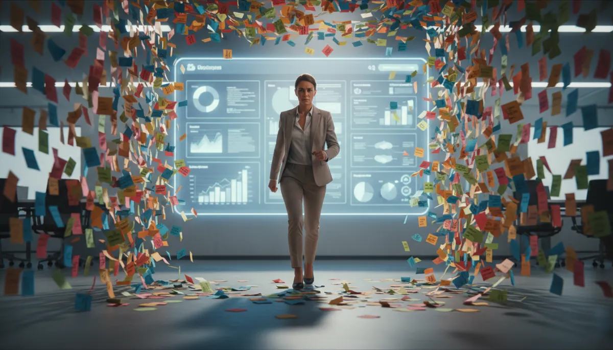 photorealistic neutral-toned scene of a focused entrepreneur in a modern office stepping confidently through a crumbling wall made of colorful sticky notes labeled with overdue tasks, behind them a clean digital dashboard of organized systems glows softly, dramatic cinematic lighting, shallow depth of field