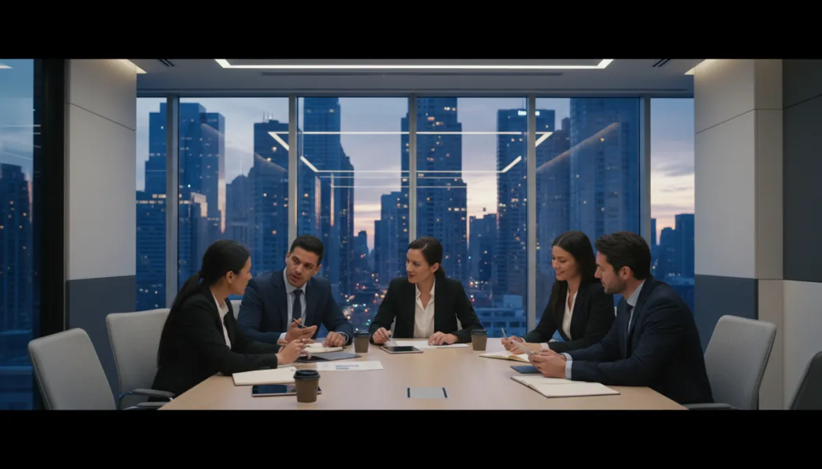 photorealistic diverse executive team in a modern neutral-toned conference room, engaged in a dynamic strategy meeting around a large table, glass walls, city skyline in background, cinematic lighting, professional corporate style
