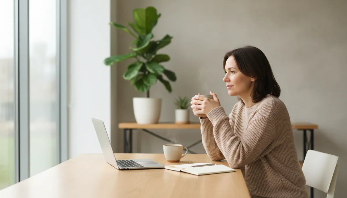 photorealistic neutral-toned scene of an entrepreneur sitting at a tidy wooden desk near a large window with soft natural light, minimalist organised workspace with notebook, laptop, and a cup of tea, the person appears calm, focused, and relaxed, plants in the background adding a sense of balance and self-care