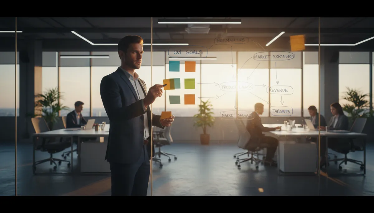 photorealistic entrepreneur in a modern office standing at a large glass whiteboard, mapping out business goals and milestones with sticky notes and diagrams, cinematic lighting with warm highlights and soft shadows, professional corporate setting