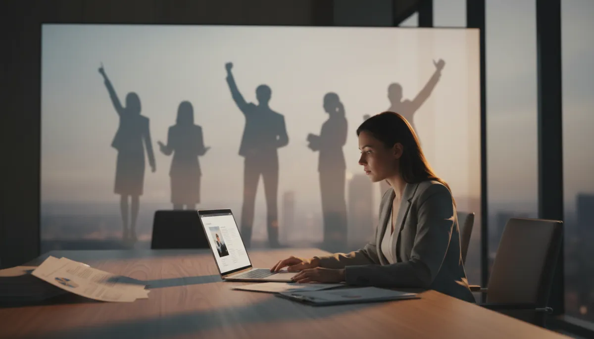 photorealistic cinematic scene of a confident entrepreneur in a modern neutral-toned boardroom, reviewing printed case studies and a laptop presentation with silhouettes of successful entrepreneurs on a large screen behind, dramatic side lighting and subtle depth of field