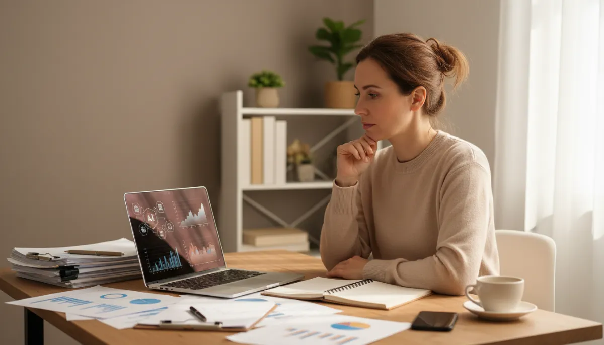 photorealistic neutral-toned scene of a small business owner sitting at a desk with a laptop open to analytics and AI tools, surrounded by paperwork and a notebook, looking thoughtful but not overwhelmed, warm natural light in a modest office