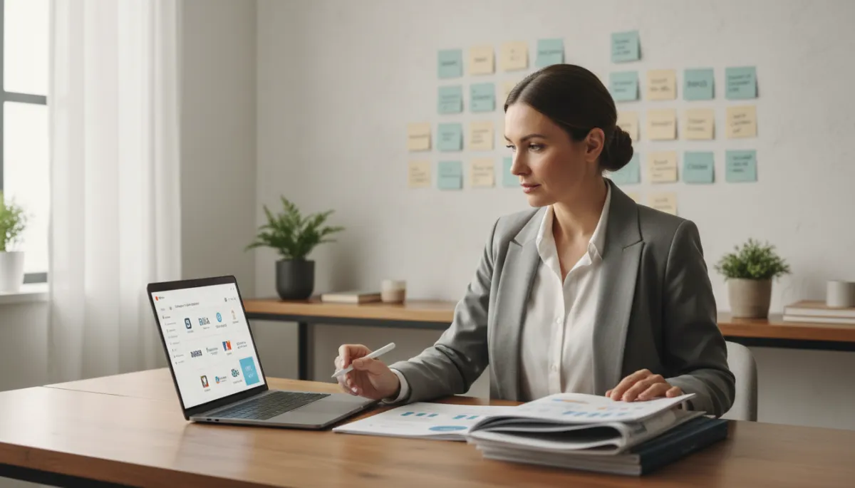 photorealistic neutral-toned office with a small business owner sitting at a desk comparing AI software options on a laptop and printed brochures, sticky notes with pros and cons on the wall, calm focused mood
