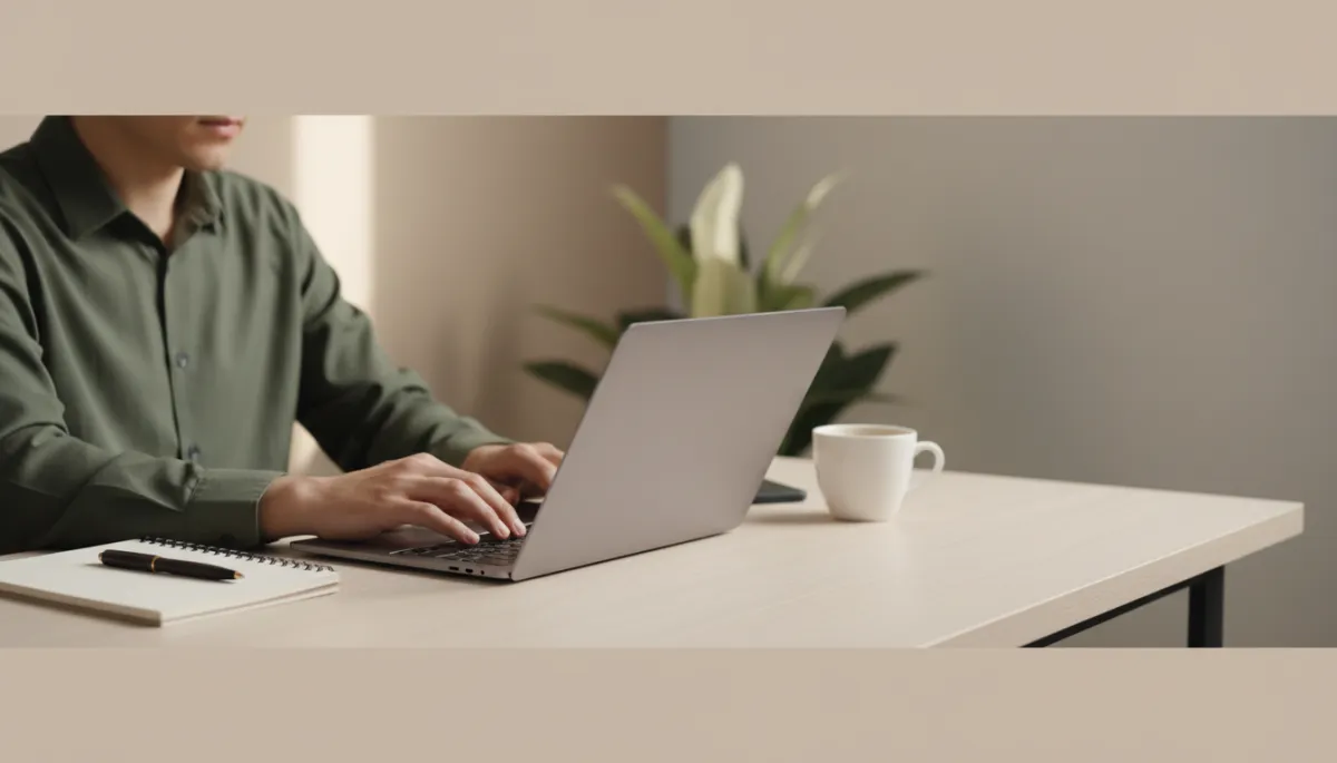 photorealistic neutral-toned scene of a focused solopreneur working at a minimal clean desk with a single laptop, notebook, and coffee, soft daylight, uncluttered background, calm and productive mood
