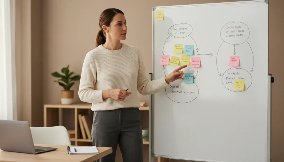 photorealistic scene of a small business owner in a neutral-toned office, standing by a whiteboard filled with simple process diagrams and sticky notes, soft natural light, laptop and notebook on a nearby table