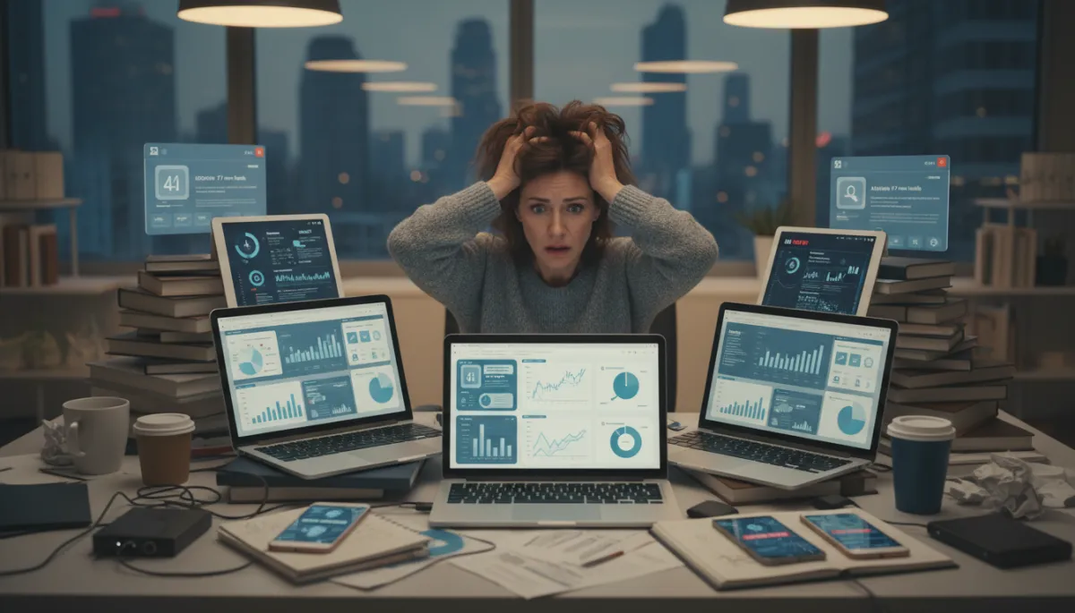 photorealistic scene of a small business owner at a cluttered desk, surrounded by multiple laptop screens, tablets, and smartphones all showing different AI dashboards and notification pop-ups, neutral color palette, soft office lighting, owner looking stressed and overwhelmed