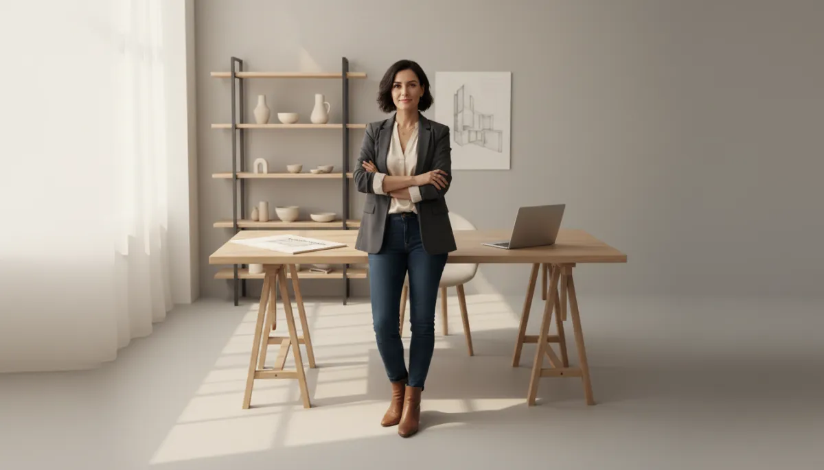 photorealistic confident small business owner standing in a neutral-toned studio or modern workspace, soft natural light, subtle background blur, person dressed in smart casual clothing with relaxed posture and gentle smile, arms loosely crossed, surrounded by hints of their craft such as sketches, laptop, or product samples