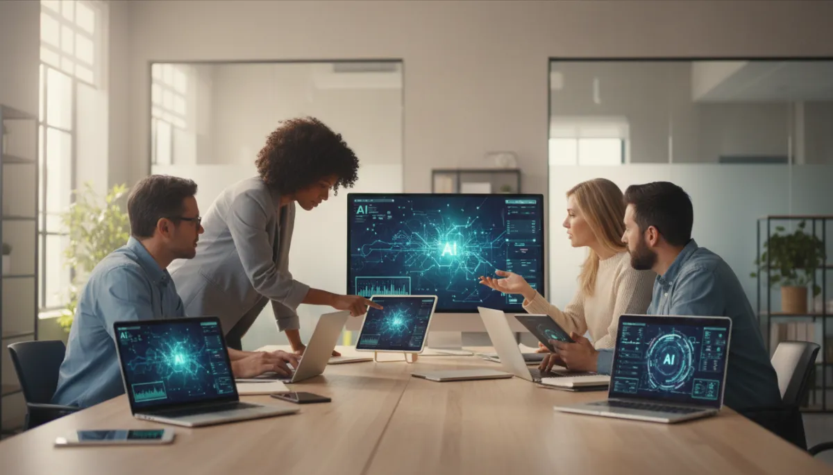 photorealistic small diverse team of four people collaborating around a wooden table in a bright neutral-toned office, laptops and tablets open with AI-style dashboards on screens, one person pointing at a shared document, calm focused atmosphere