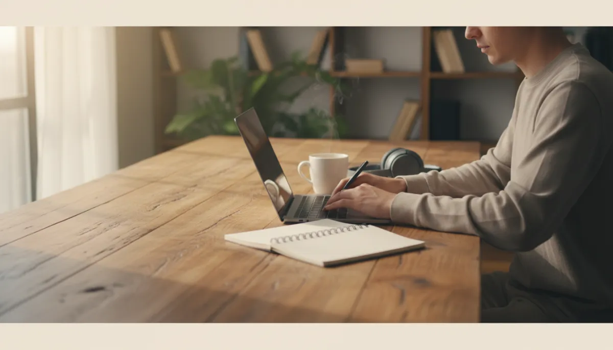 photorealistic neutral-toned workspace with a creative professional at a wooden desk, typing on a laptop while scribbling notes in a notebook, warm natural light from a nearby window, coffee mug and headphones on the table, subtle depth of field