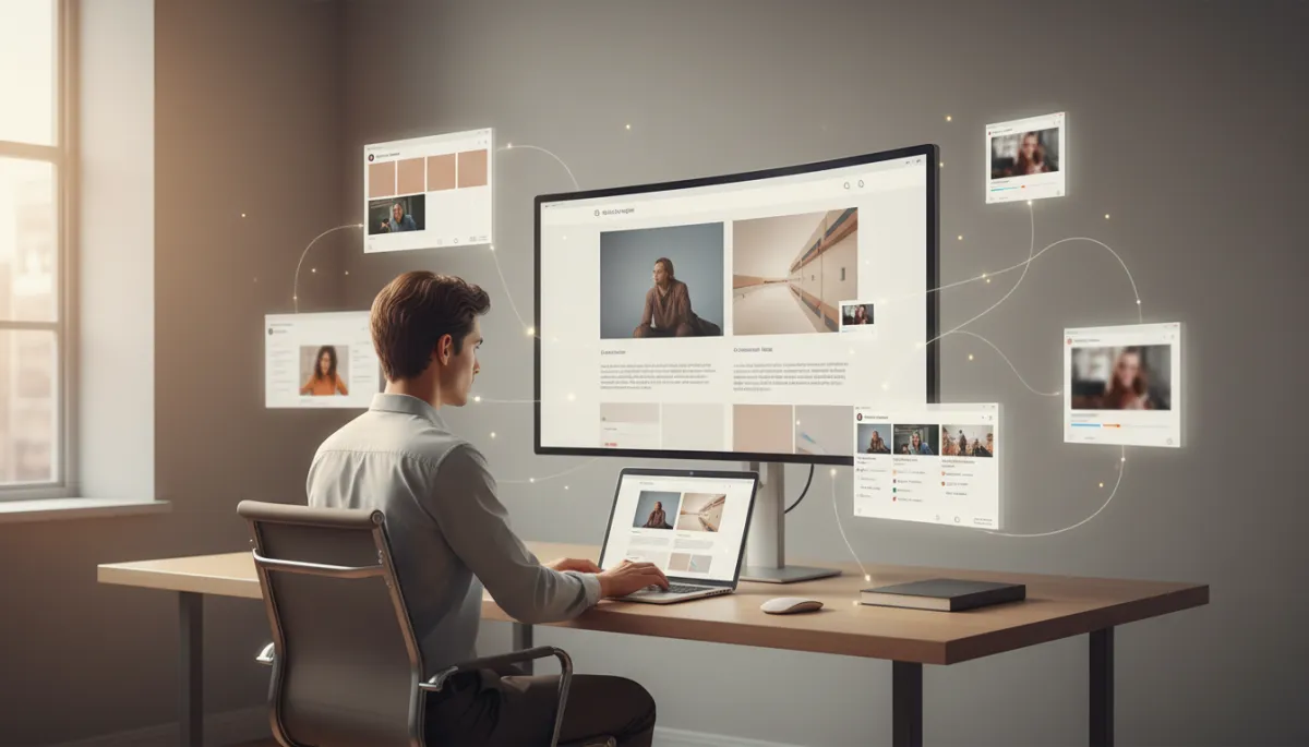 photorealistic neutral-tone office with a small business owner at a laptop, large monitor showing a blog post in the center, surrounded by multiple floating screens displaying social media posts, captions, and short videos being generated from the same article