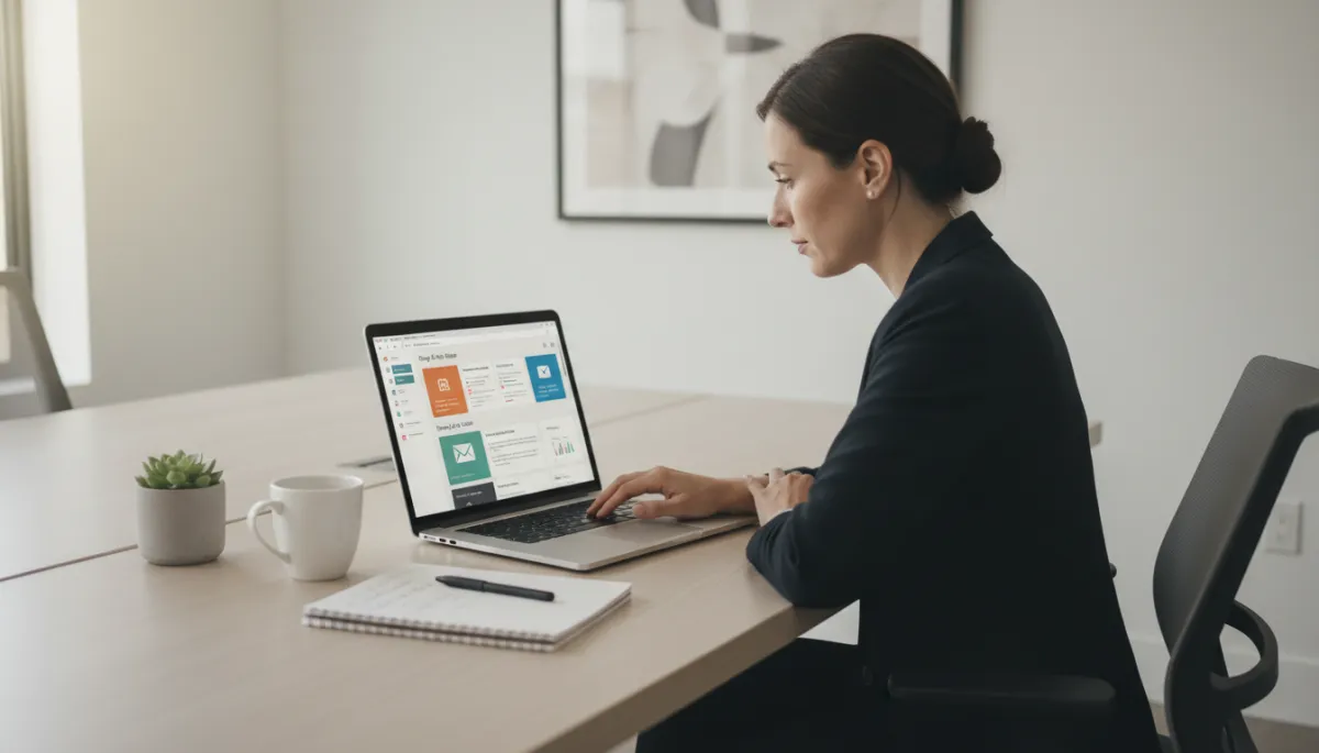photorealistic neutral-toned modern office, professional small business owner reviewing email newsletter content on a laptop, open email marketing dashboard on screen, notes and coffee on desk, soft natural light