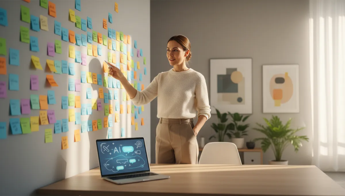 photorealistic scene of a small business owner in a neutral-toned modern office, standing at a wall covered with colorful sticky notes while a laptop on the desk shows an AI chat interface, warm natural light, focused and energized expression
