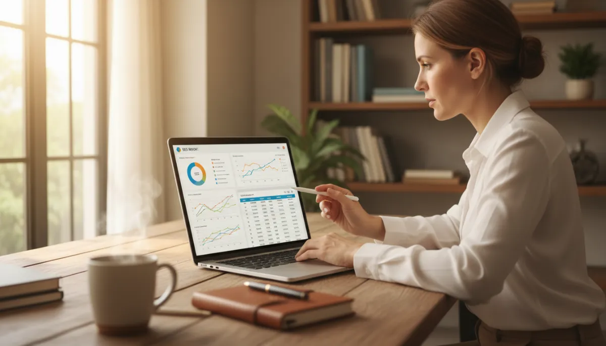photorealistic neutral-toned scene of a small business owner at a wooden desk in a cozy office, reviewing website analytics and SEO reports on a laptop screen with charts and traffic graphs, soft natural light from a nearby window