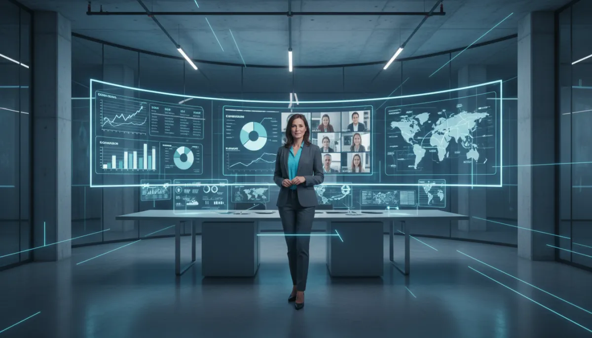 professional business transformation style showing a small business owner standing in a modern office, surrounded by digital dashboards, e-commerce analytics, and remote team video calls on large screens, with cyan blue (#00adee) and grey (#6d6f70) as dominant brand colours